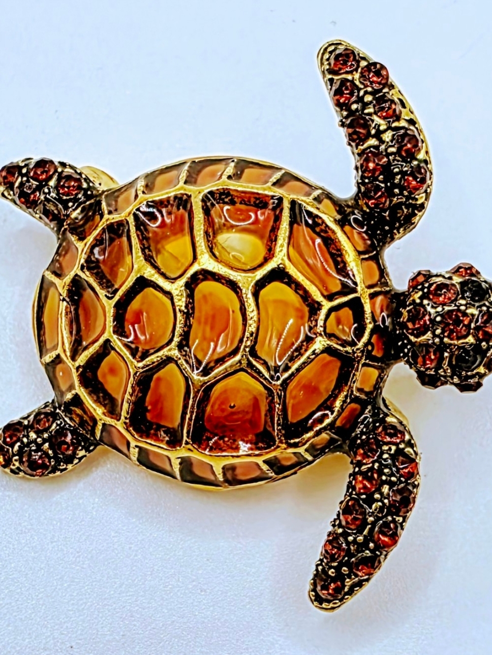Turtle Brooch Amber Rhinestone Gold Tone Sea Turtle Statement Pin